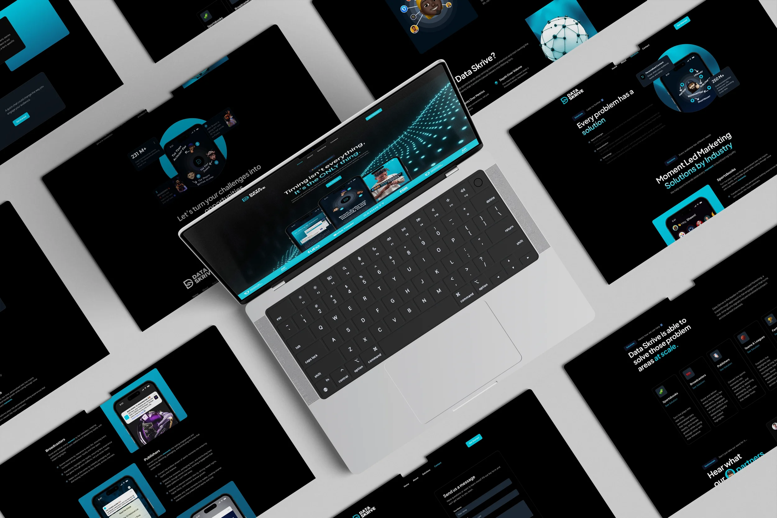 Multiple screens displaying a website called Data Skive with a dark background and blue accents, showing various digital interfaces and data visualizations, laid out around a laptop with a gray keyboard.