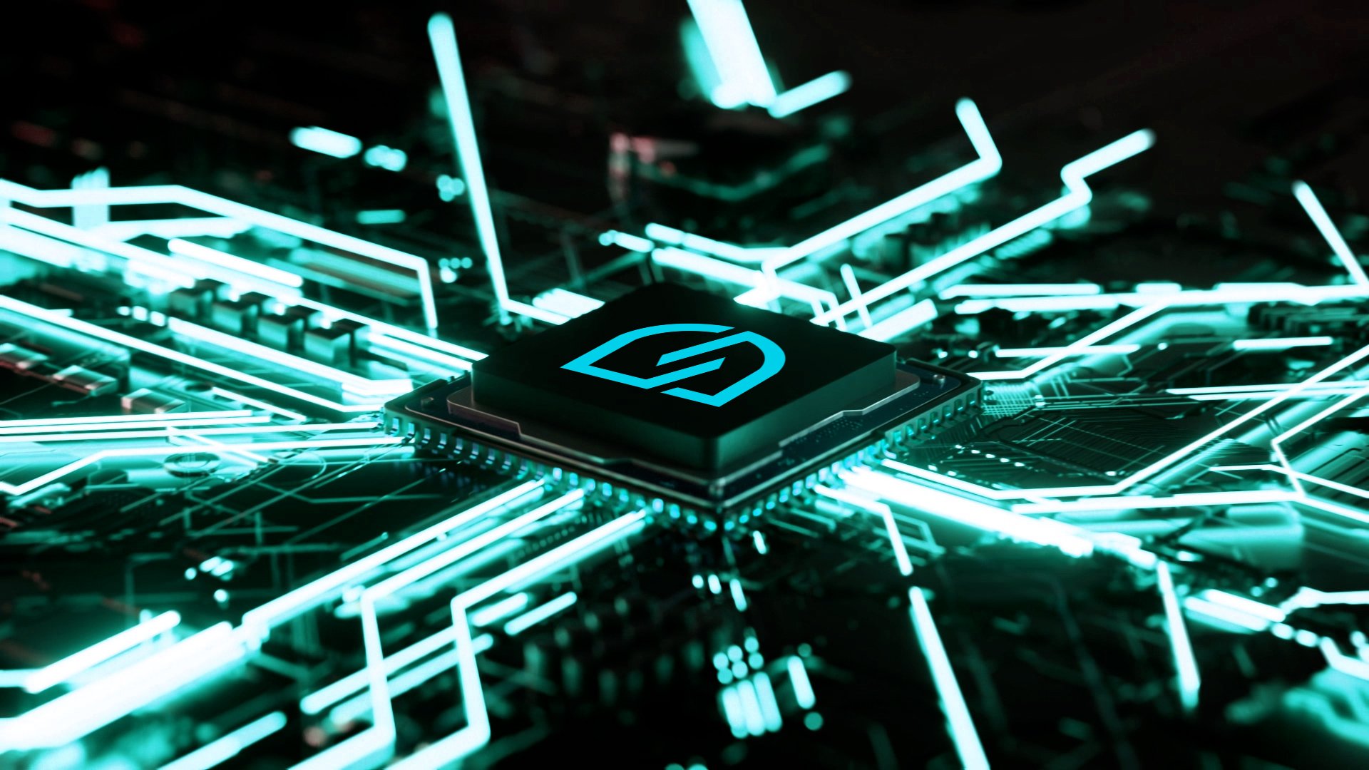 Close-up of a microchip with glowing blue neon circuit lines on a black background.