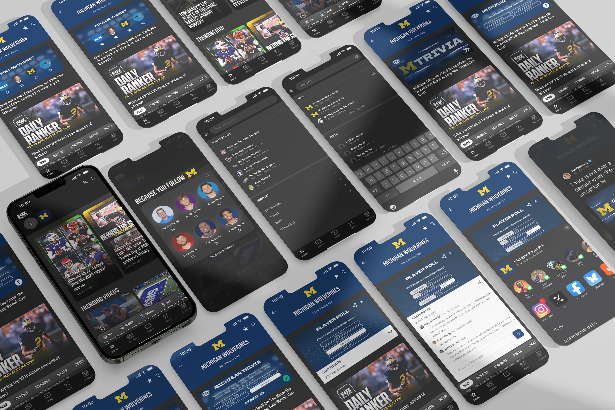 Collection of mobile screens displaying a Michigan Wolverines sports app with various pages including news, trivia, player polls, and videos.