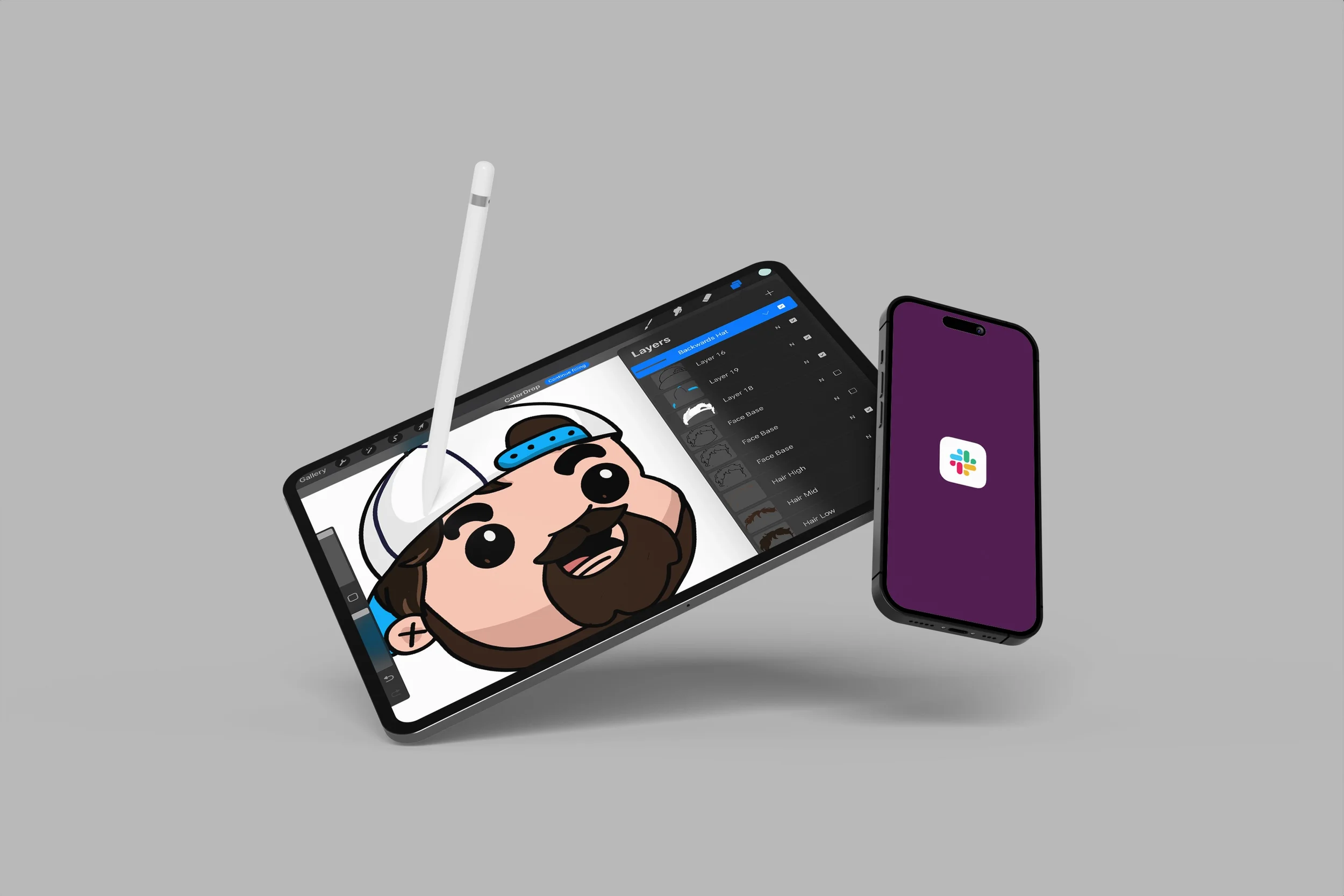 Digital illustration of a stylized comic or cartoon character being created on a tablet, with a stylus pen and a smartphone adjacent, set against a gray background.