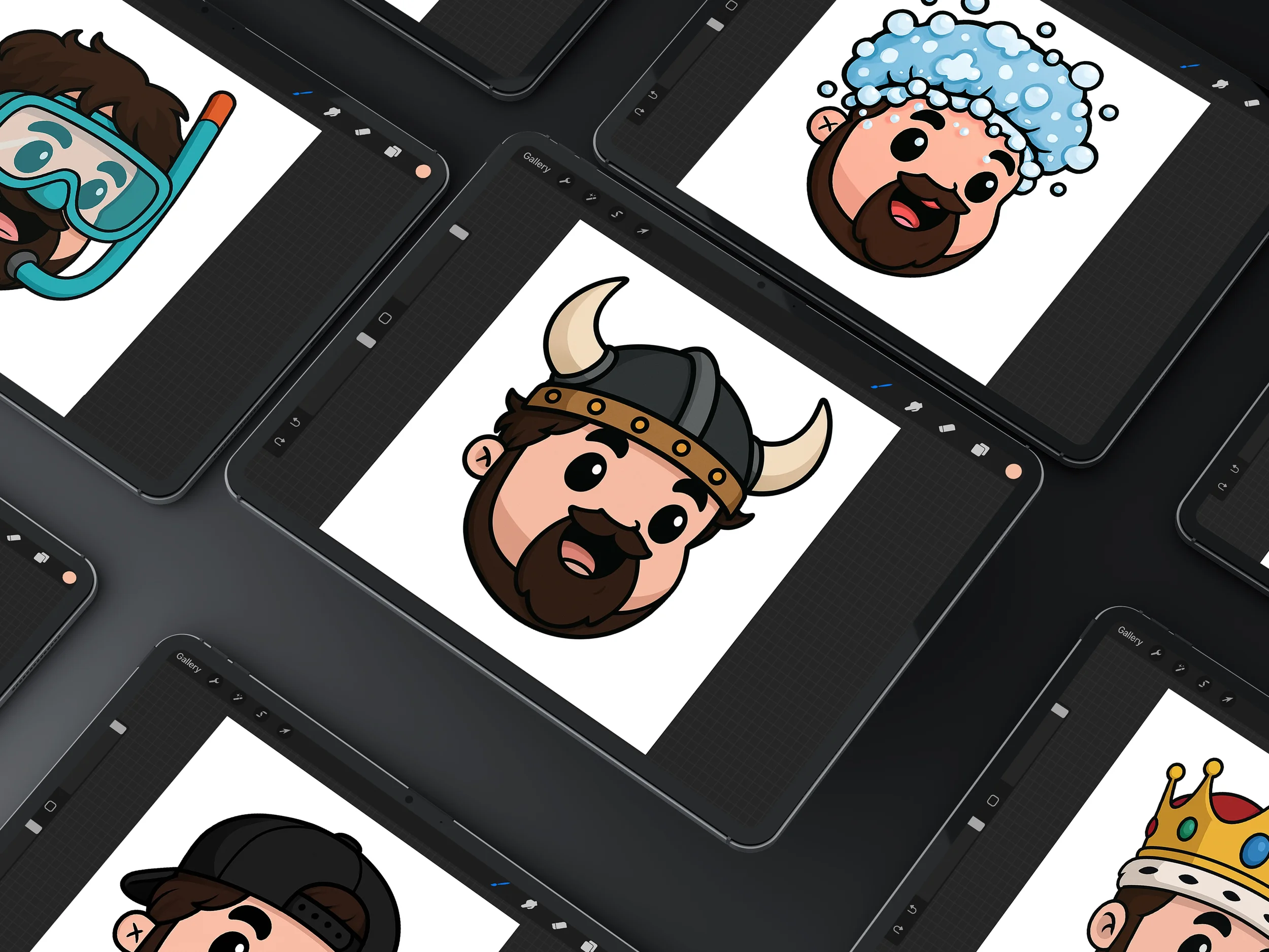 Digital illustrations of cartoon characters with Viking, scuba diver, and king crowns on tablets.