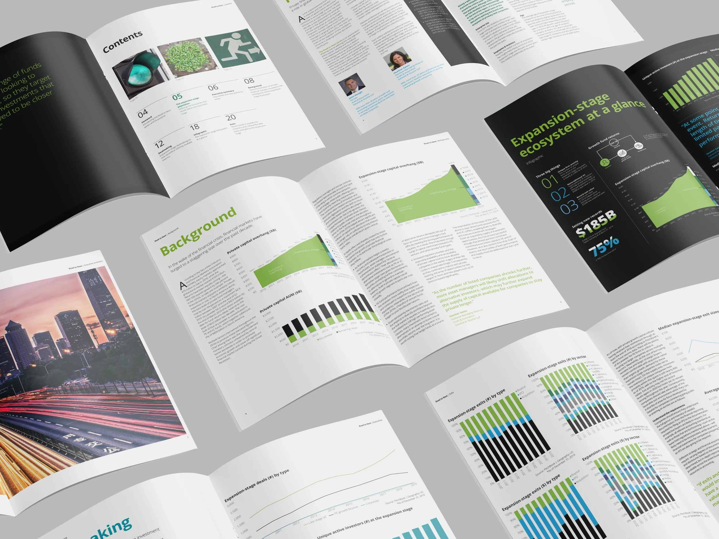 Open magazines with articles, charts, and images spread across a surface, displaying financial graphs, cityscape, and business information.