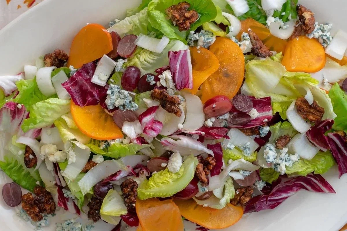 Little Gems Salad with Persimmons, Pomegranates and Blue Cheese