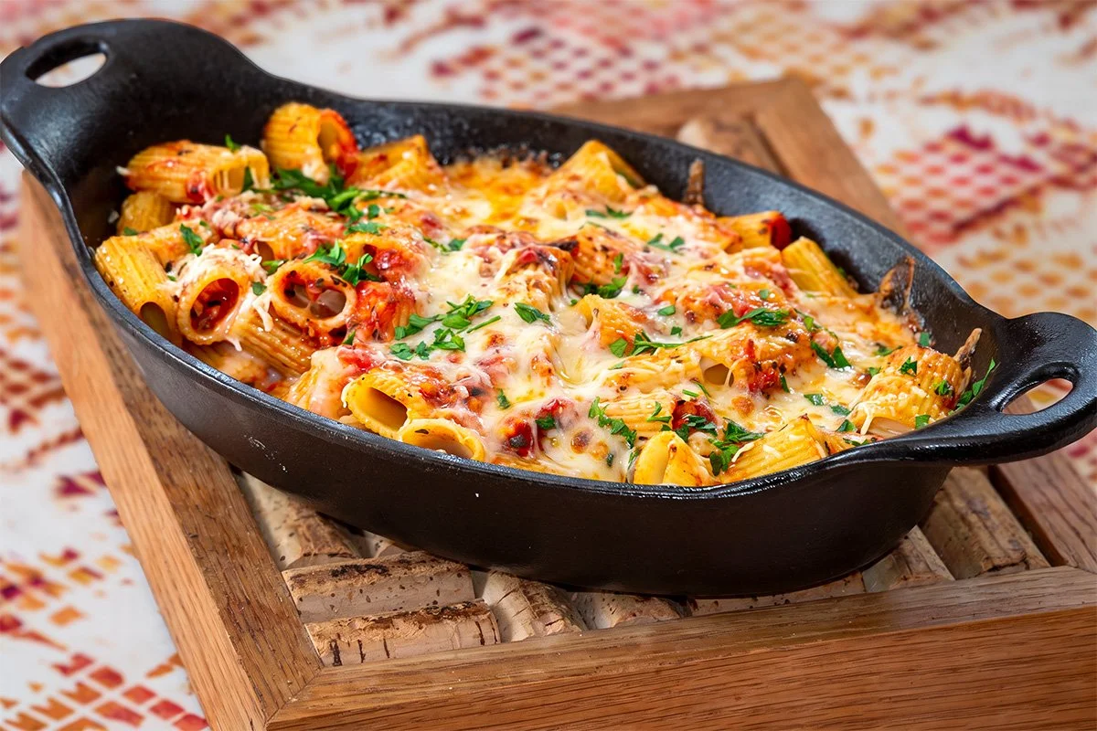 Baked rigatoni made with goat mozzarella