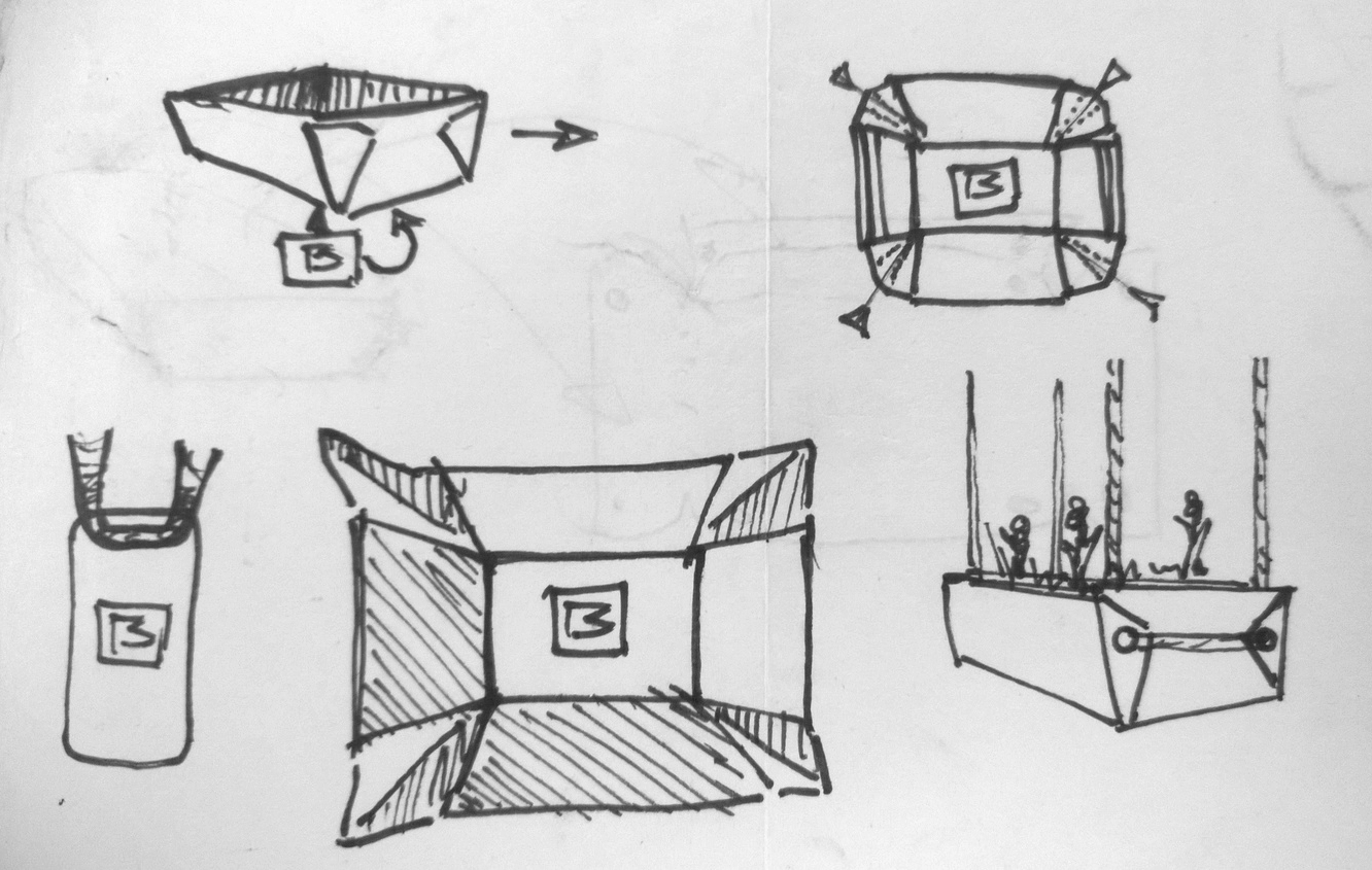 Ideation Sketches: The folding pattern was inspired one night by a to-go box from dinner.