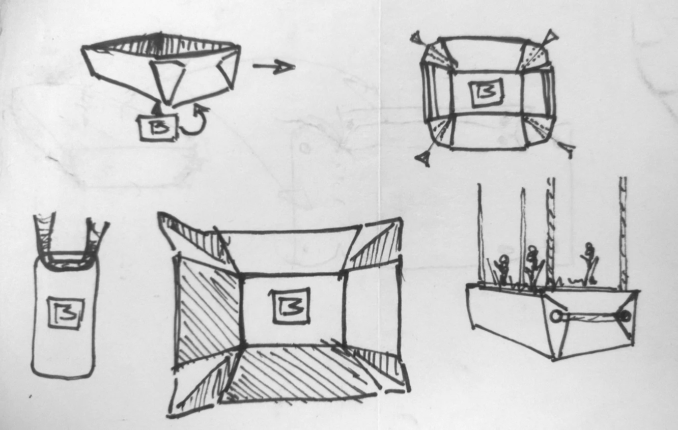 Ideation Sketches: The folding pattern was inspired one night by a to-go box from dinner.