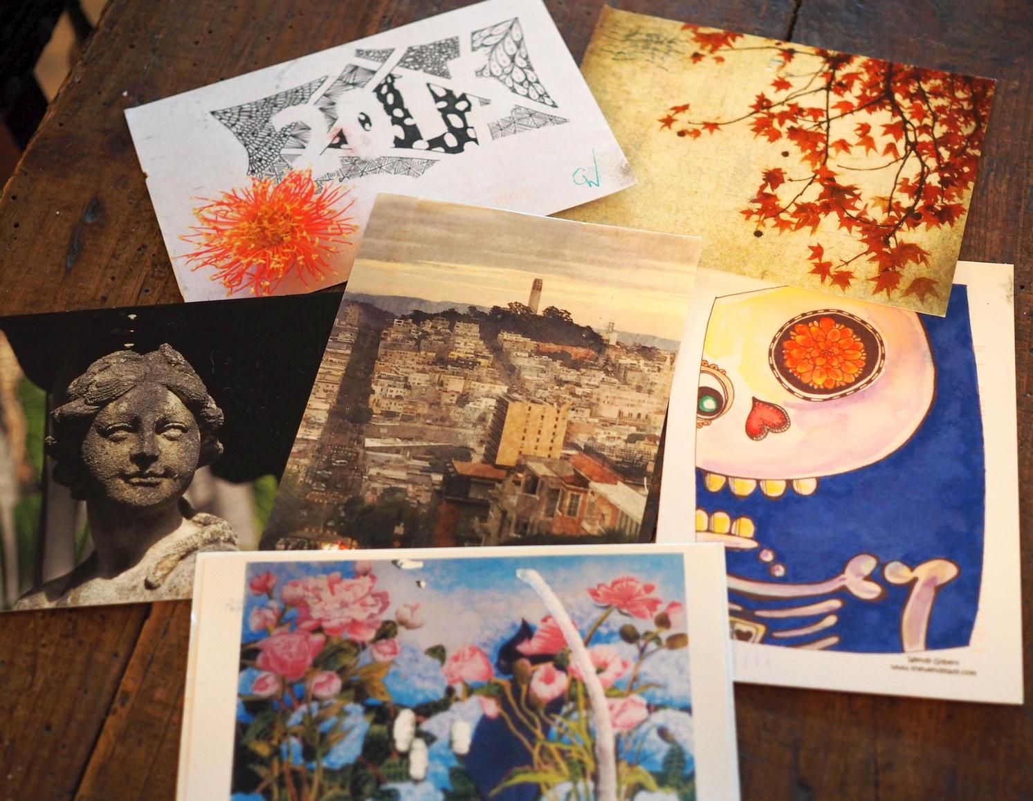 Top right card is Kat's. Underneath hers is Wendy's from the Rio Grande Valley, on the bottom is Karen's. Above that is Dee's from San Francisco, on the far left is Caz's and top left is Charm's! What a great selection.