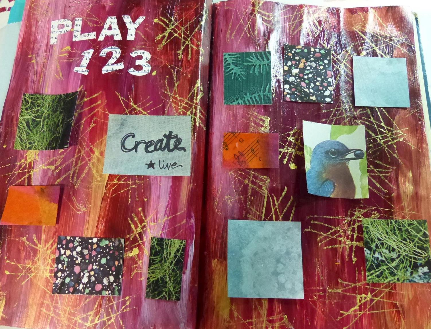 One of the page spreads in process created via this workshop