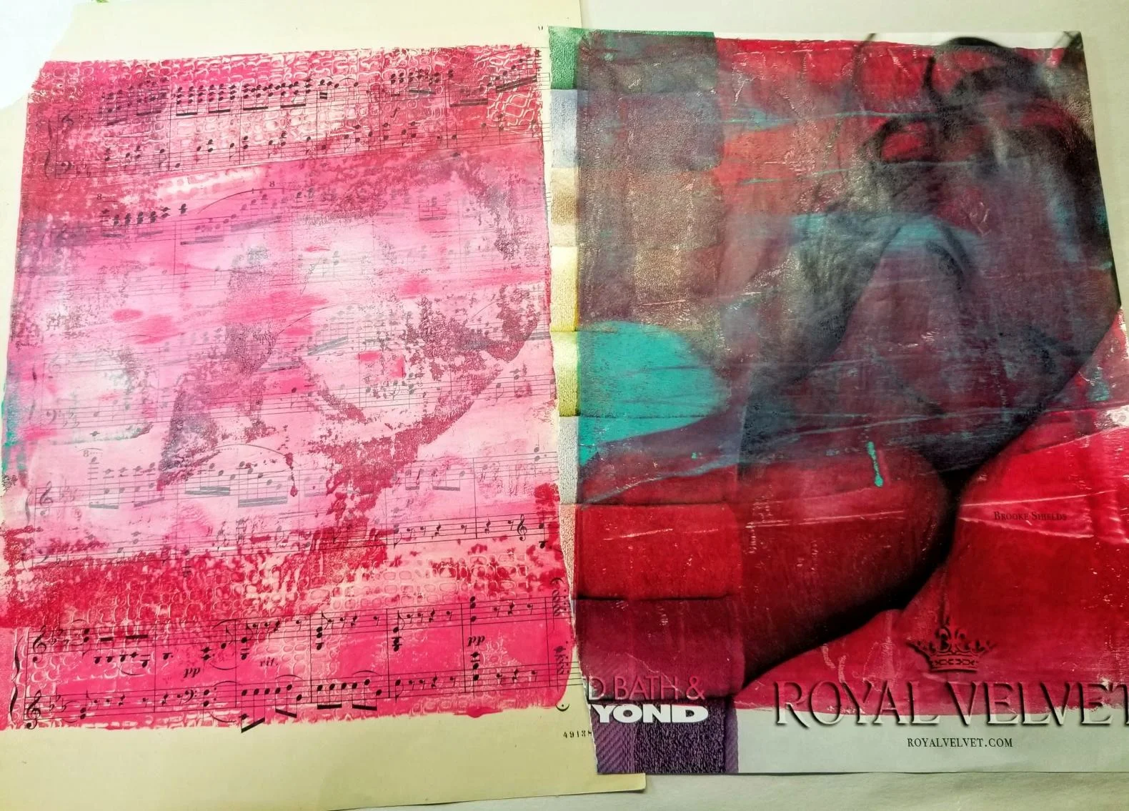 Right: Original magazine image with paint, Left: Just a hint of the image transfer