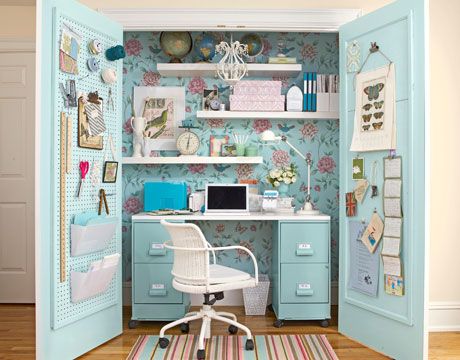 Great idea :-) Take out the bottom of at cupboard, create an office in there, when you want to clean up - just close the doors !