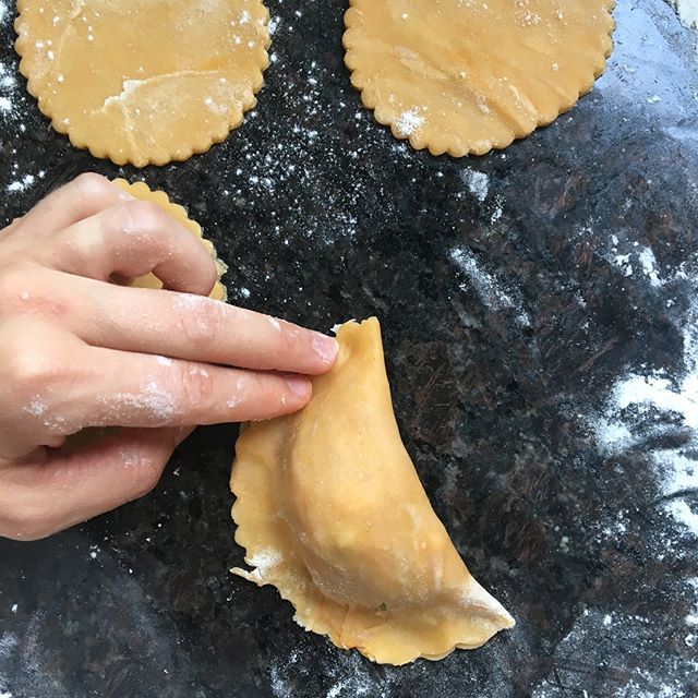 Probably my most favorite thing to make (and eat), after cinnamon rolls of course! Empanadillas de at&uacute;n. The freezer is stocked! I double the recipe and make lots of them. These have olives, hard boiled egg, onions, roasted peppers and tuna 😋