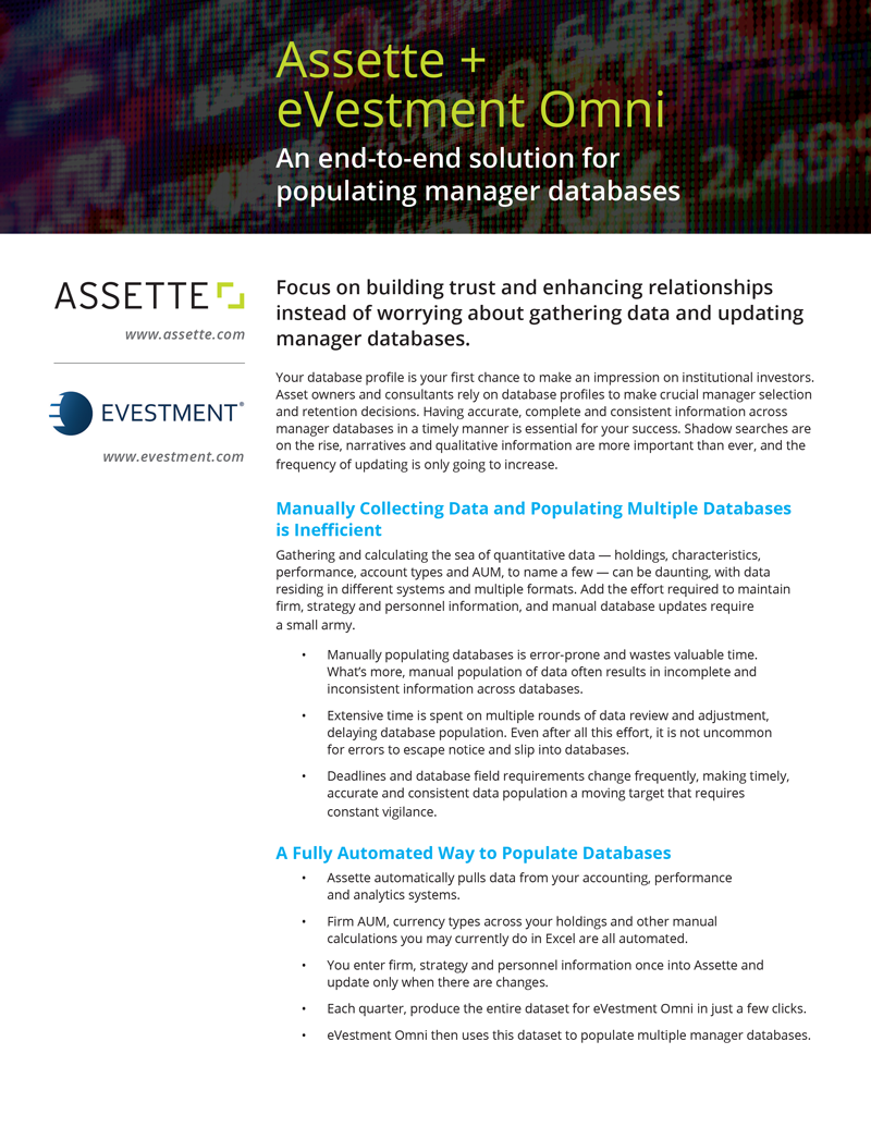 Assette + eVestment Omni Sell Sheet Art Direction: Karen Stein / GoodGood