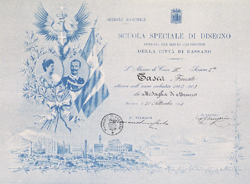 SCHOOL OF DESIGN, BASSANO DEL GRAPPA. This diploma was awarded at the end of the scholastic year 1902–1903. It states that Fausto Tasca earned a Bronze Medal for his achievements that year.
