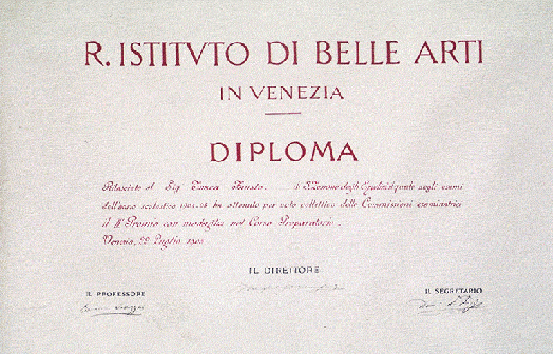THE ROYAL INSTITUTE OF FINE ARTS IN VENICE. The Royal Institute of Fine Arts is now known as the Academy of Fine Arts in Venice. This diploma states that the academy's jury selected Fausto Tasca to receive the second place award and medal for the scholastic session ending in July 1903.