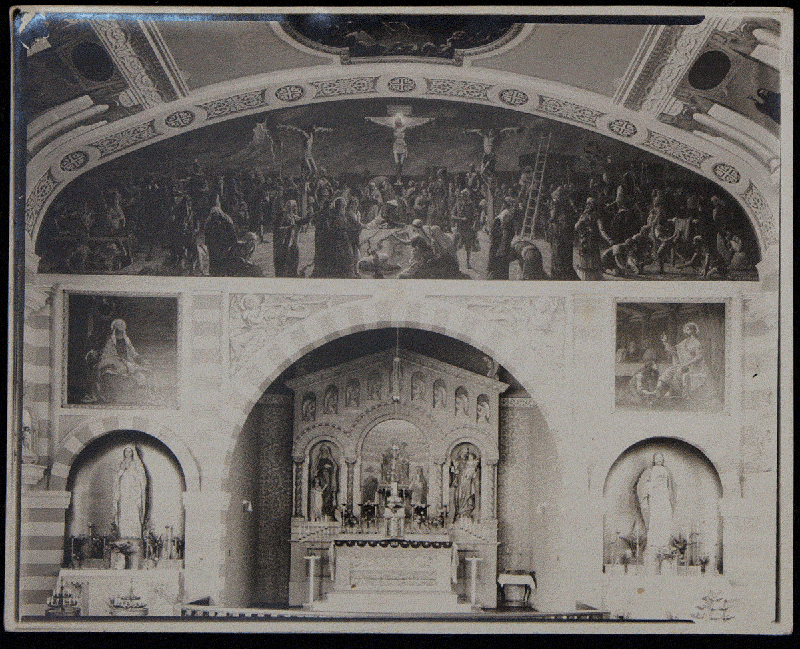 ALTAR AND CRUCIFIXION MURAL. Photograph of the main altar and nave decoration, including the huge "Crucifixion" mural. This photo shows the church interior shortly after Fausto Tasca completed his extensive project. His careful design of every