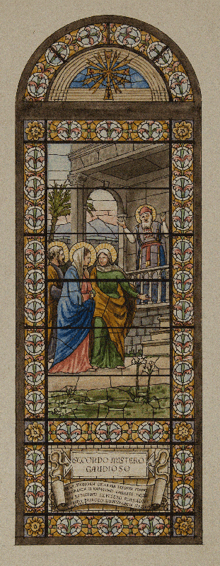 CONCEPT SKETCH. Fausto Tasca created this watercolor sketch to present his concept for the stained–glass windows. Tasca had the stained–glass windows created to his specifications. After they were installed in the church, he hand–painted the faces a