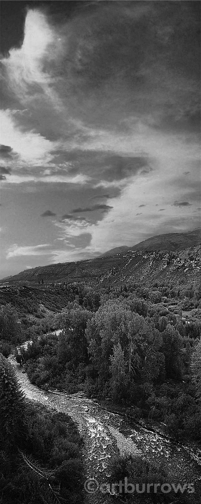 Roaring Fork & Clouds vert B&W