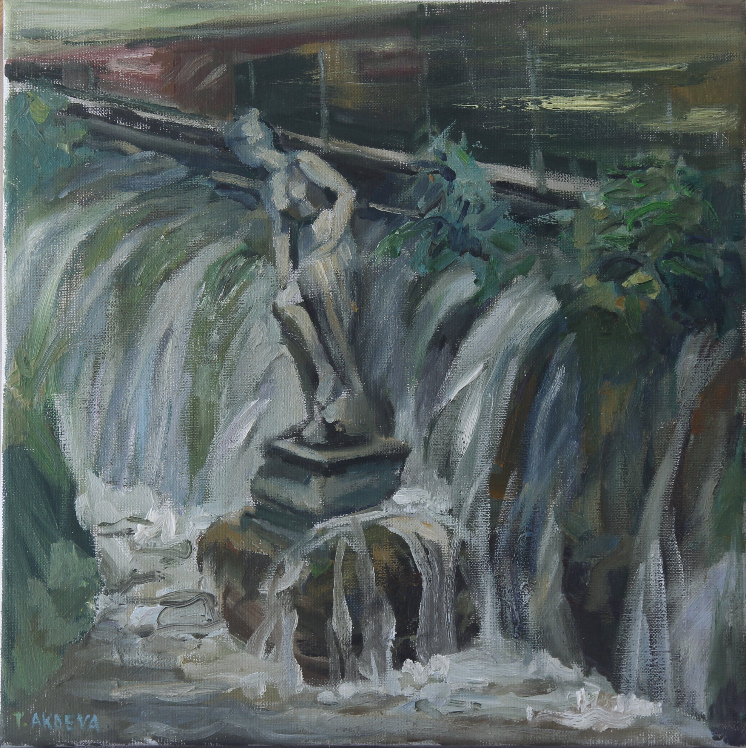 Venus near a waterfall, 2023, France. Oil on linen, 20x20 inches.