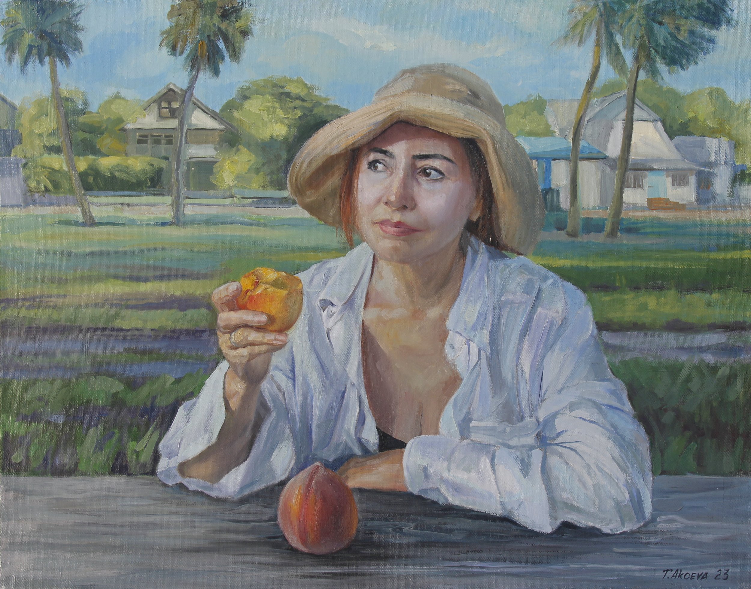 Tanya with peaches at Holmes Beach, 2023 Oil on linen, 22x28". Private Collection.