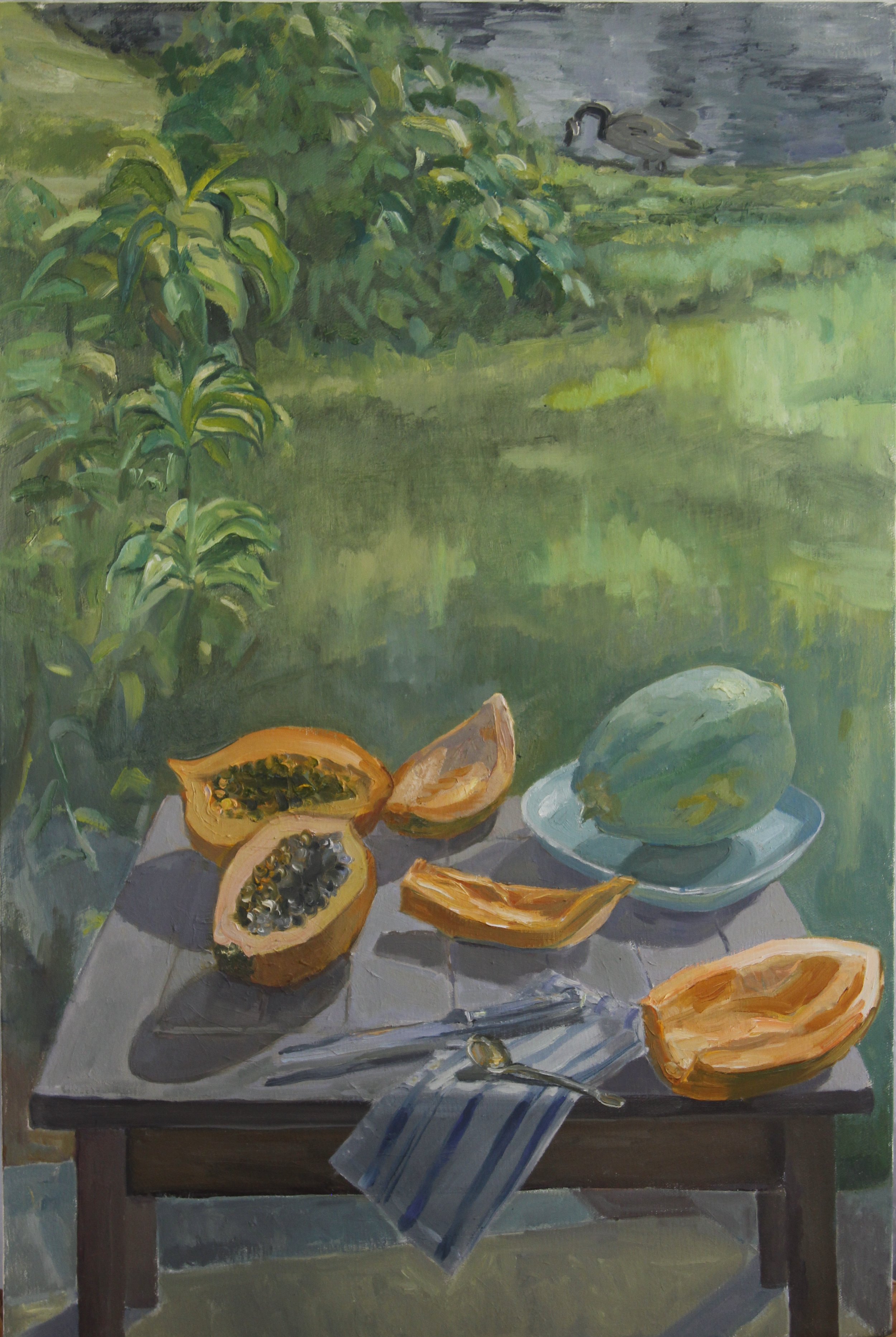 Papaya with Goose, 2022, Oil on linen, 36x24 inches.