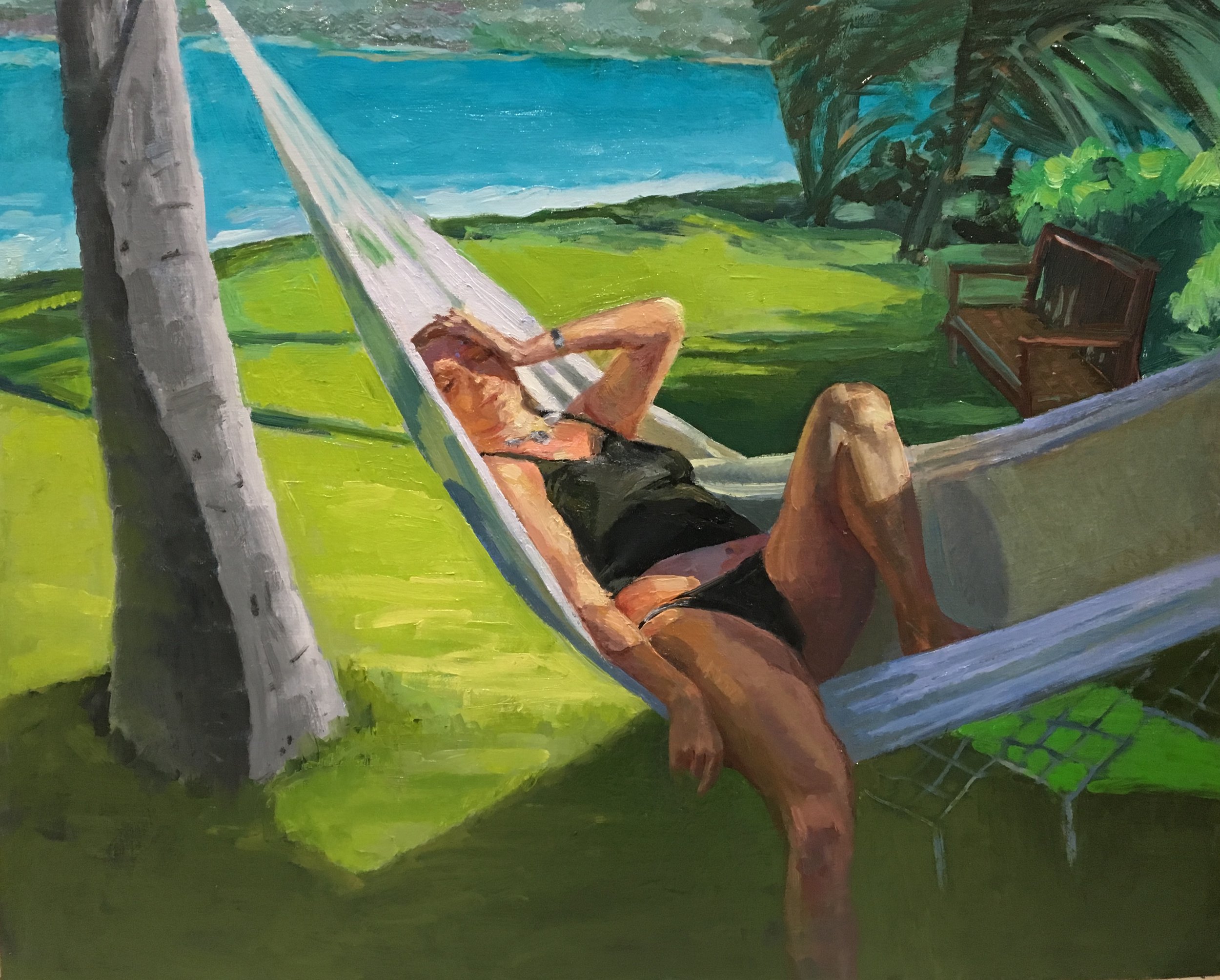 In the hammock, 2019, Oil on board, 16x20 inches.