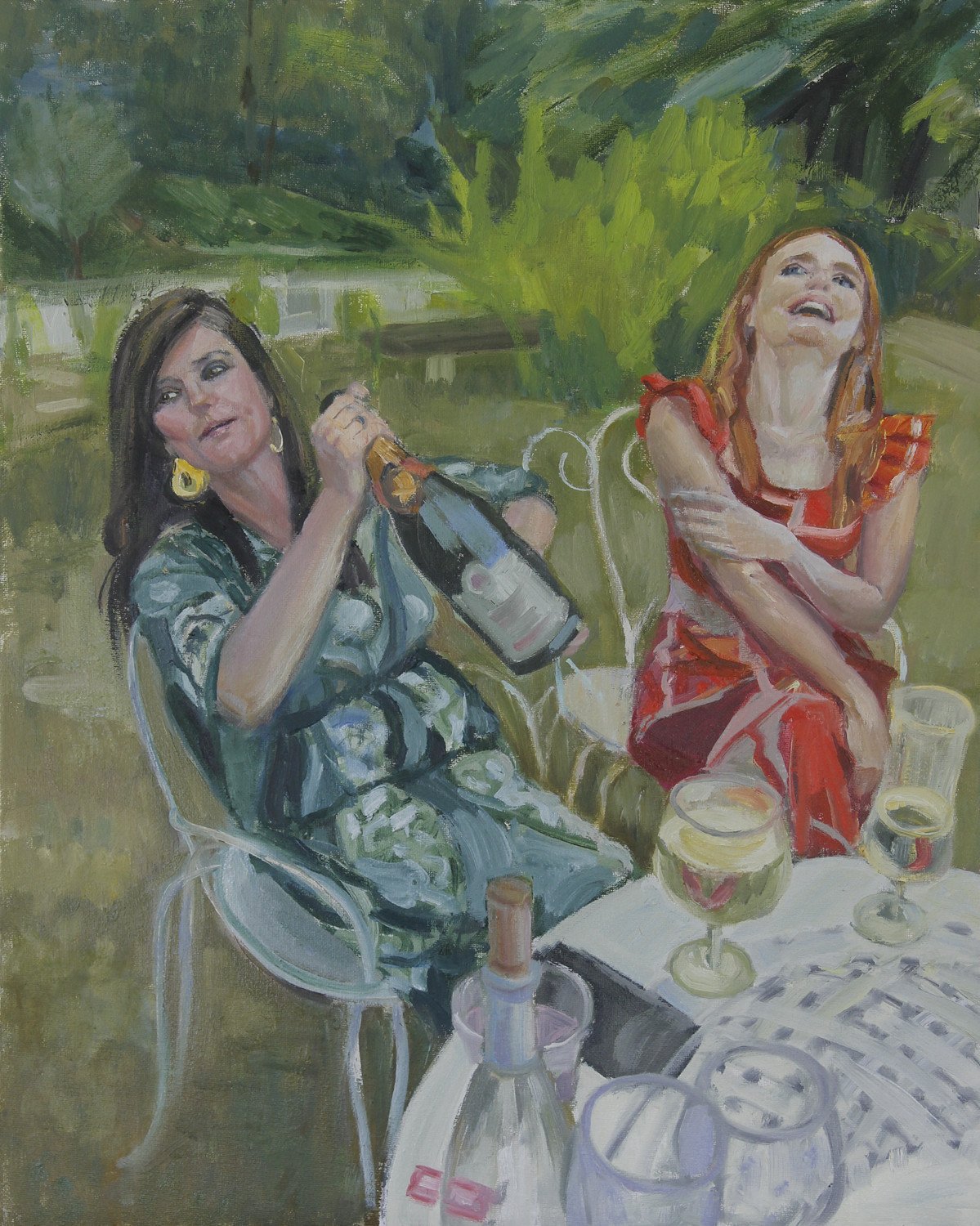Sally and Michelle at the Chateau, 2023, Oil on board, 20x16 inches.