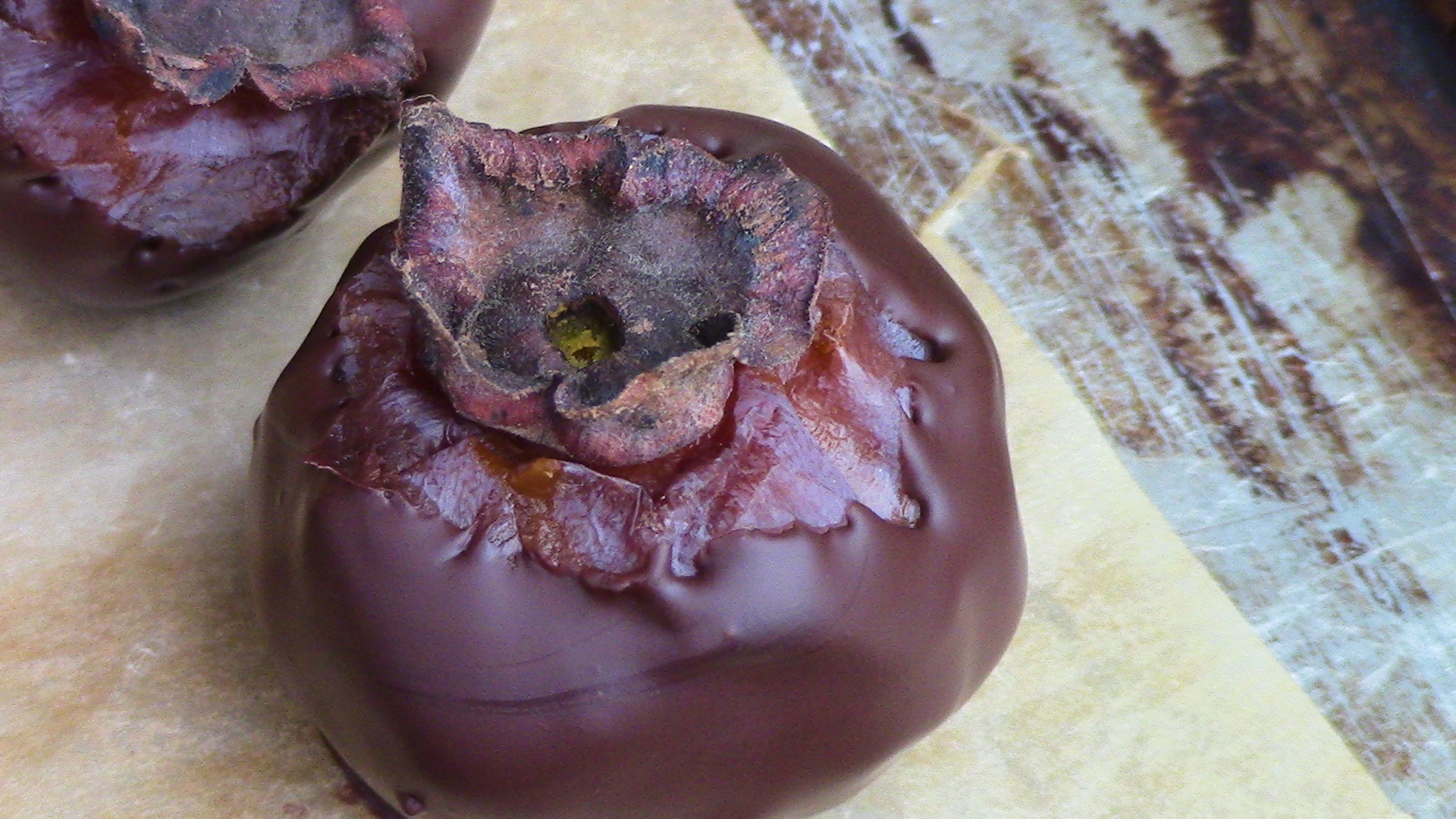 American persimmon enrobed in chocolate.
