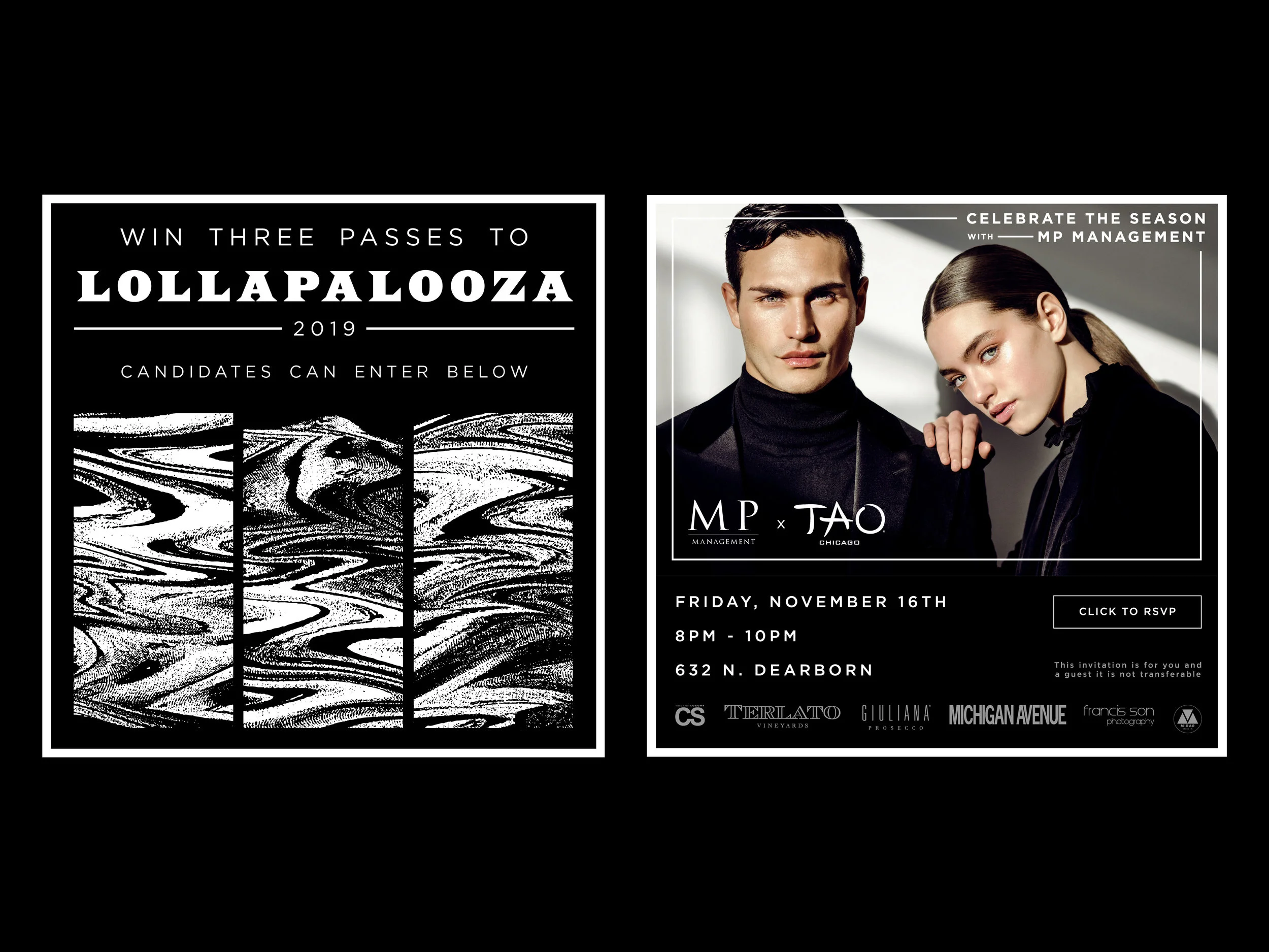 Instagram post advertising MP Chicago’s Lollapalooza Competition & Digital invitation to a sponsored event at TAO, a restuarant / nightclub located in Chicago’s River North neighborhood.