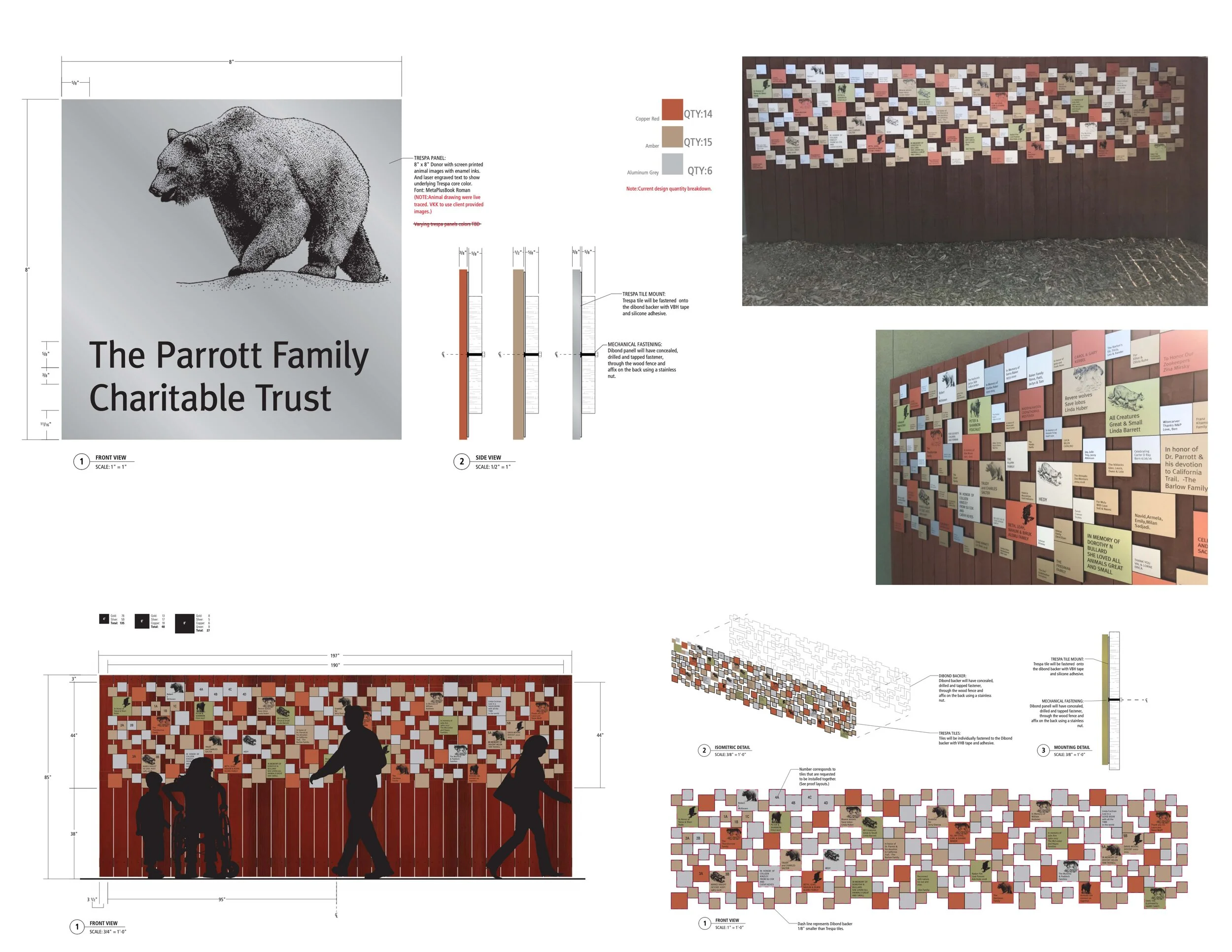  Oakland Zoo Donor Mural.  Tile murals made from varying color and thicknesses of trespa tiles with laser etched quotes. Animal details are screen printed. For easy installation, a Dibond backer was build so that the installers can preassemble parts 