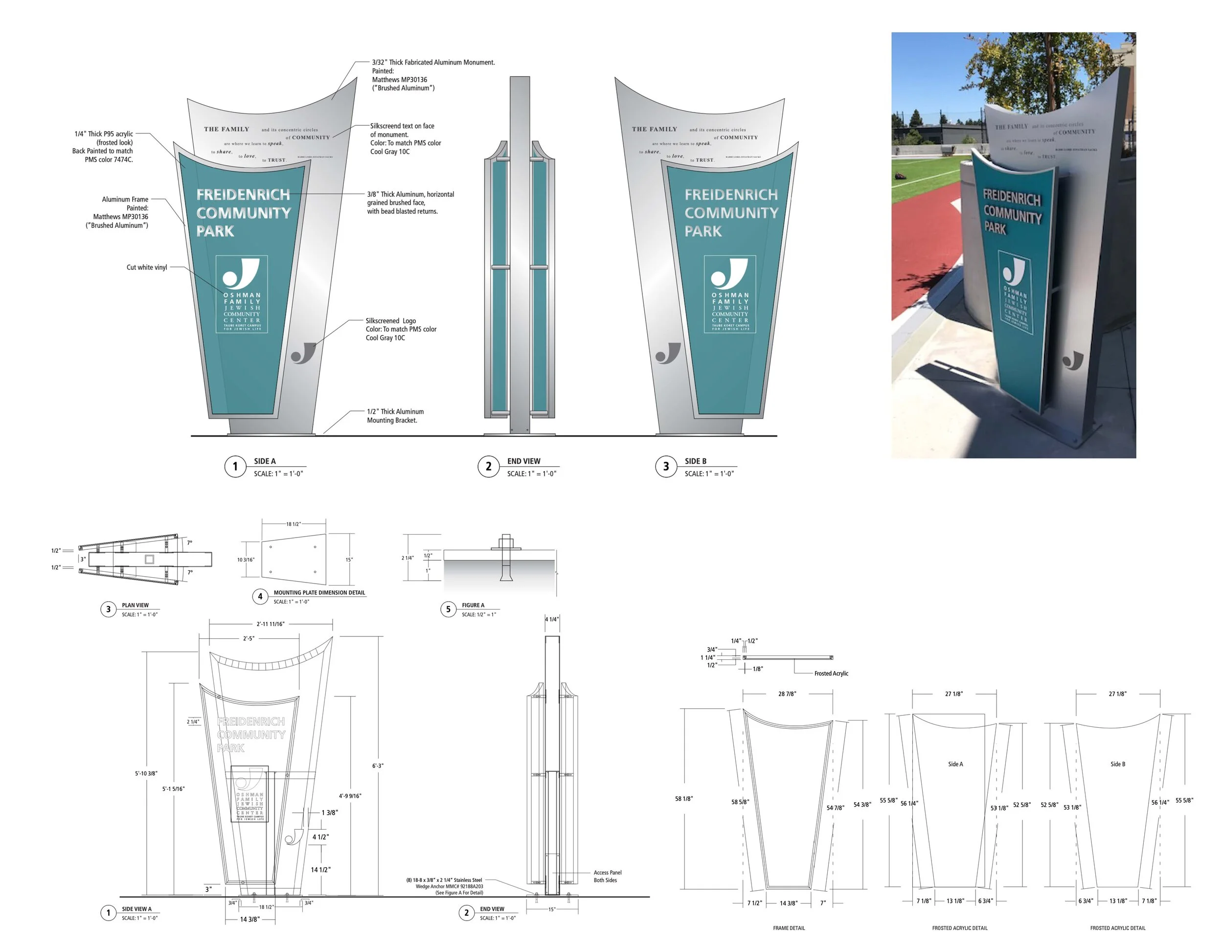  A monument park sign for Oshman Family Jewish Community Center of Palo Alto, CA. A complex fabrication detail for the aluminum cabinet and acrylic monument. A range of materials and fabrication methods was used for this project, P95 frosted acrylic 