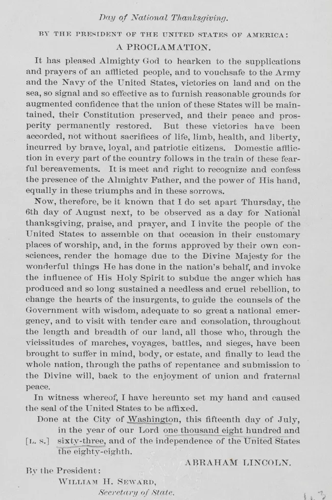 President Abraham Lincoln's Thanksgiving Proclamation, published on July 15, 1863.