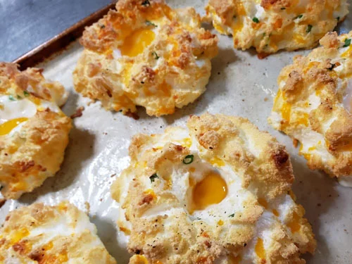 Eggs are finished when whites are toasted and yolks are soft-set.