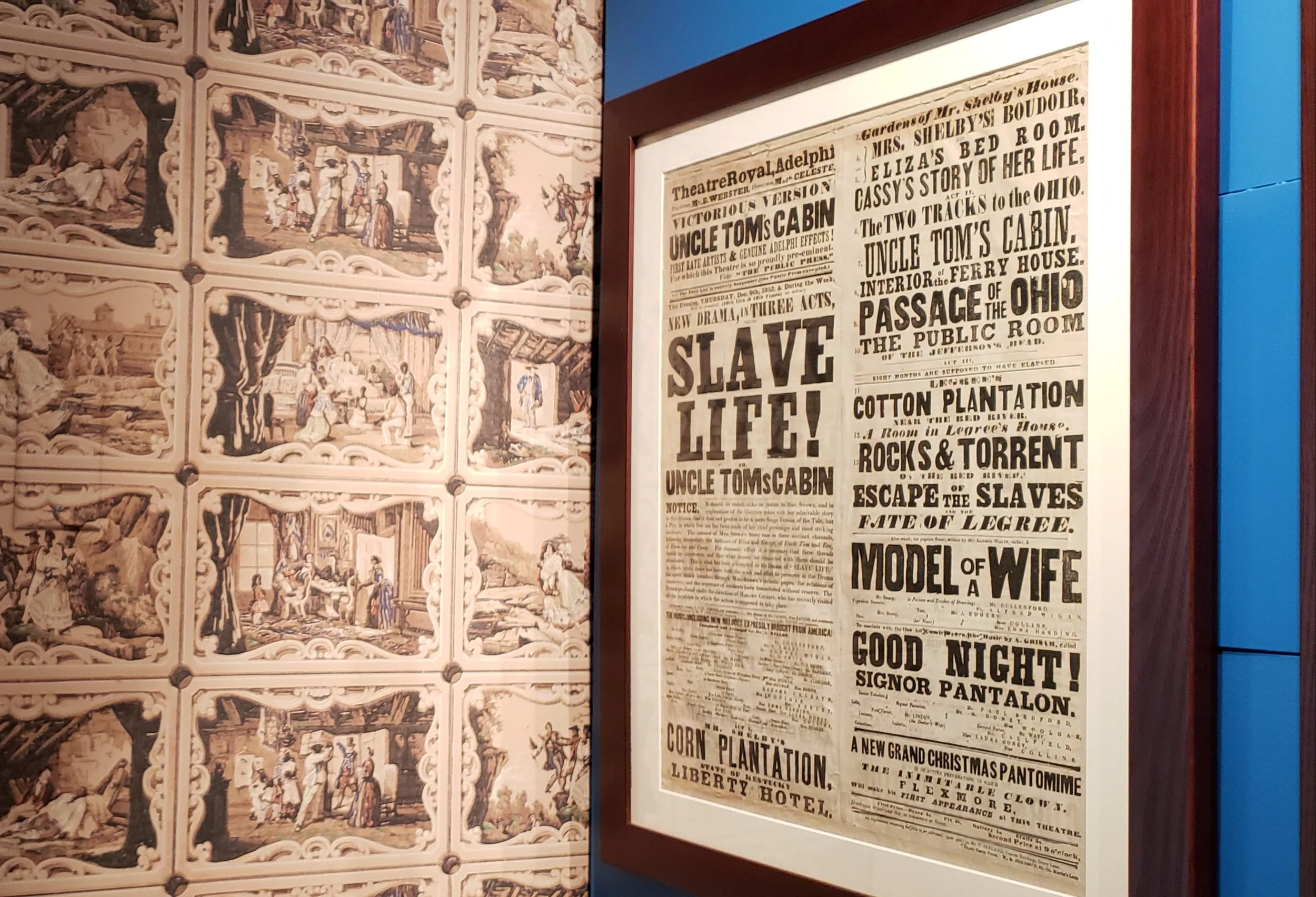  Harriet Beecher Stowe House wallpaper with illustrations from Uncle Tom’s Cabin and poster for Uncle Tom’ Cabin play. Stowe’s writing stirred antislavery compassion before and during the Civil War. 