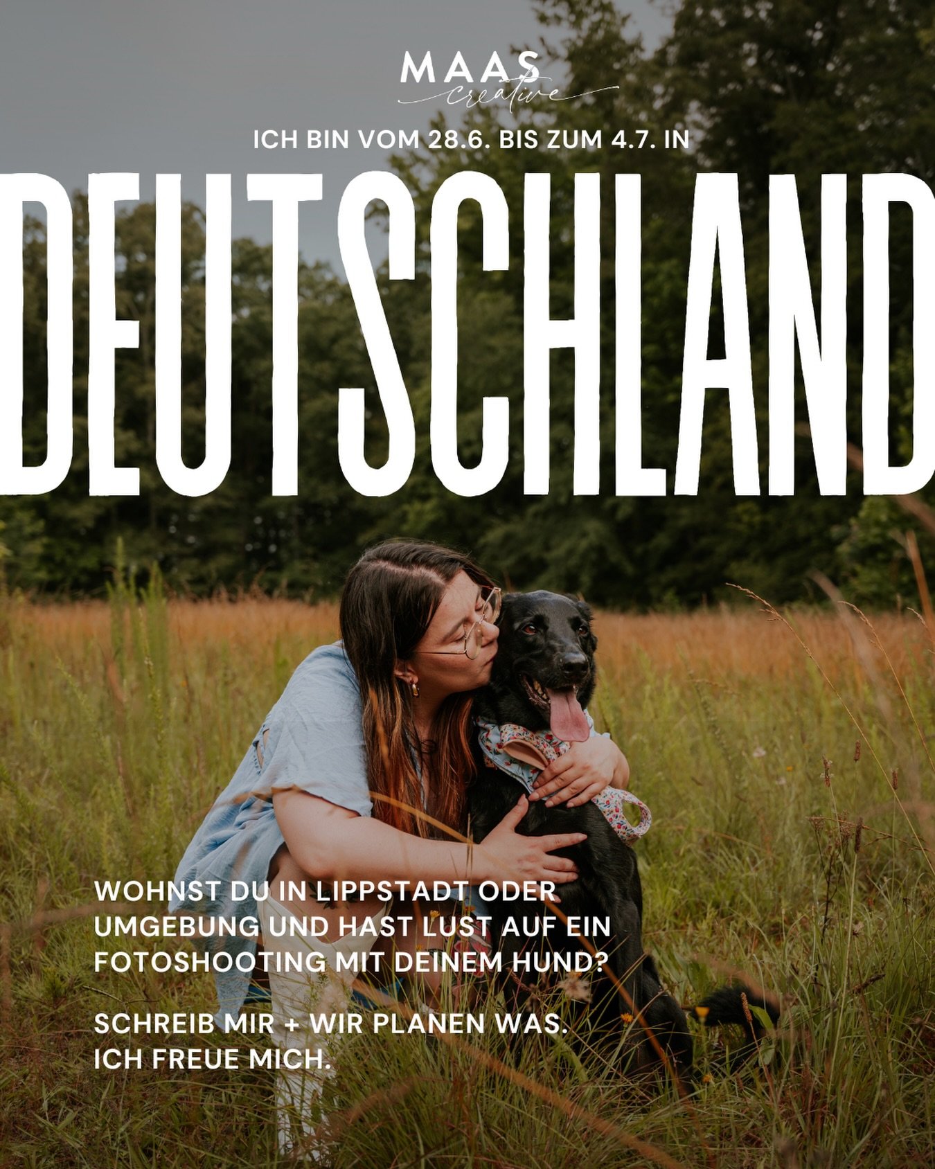 Hast du Lust auf ein Fotoshooting mit deinem besten vierbeinigen Freund? Einfach mal ein bisschen im Feld spielen oder einfach nur relaxt spazieren gehen? Ich wuerd mich freuen euch zu begleiten und ein paar sch&ouml;ne Momente festzuhalten. 

Schrei