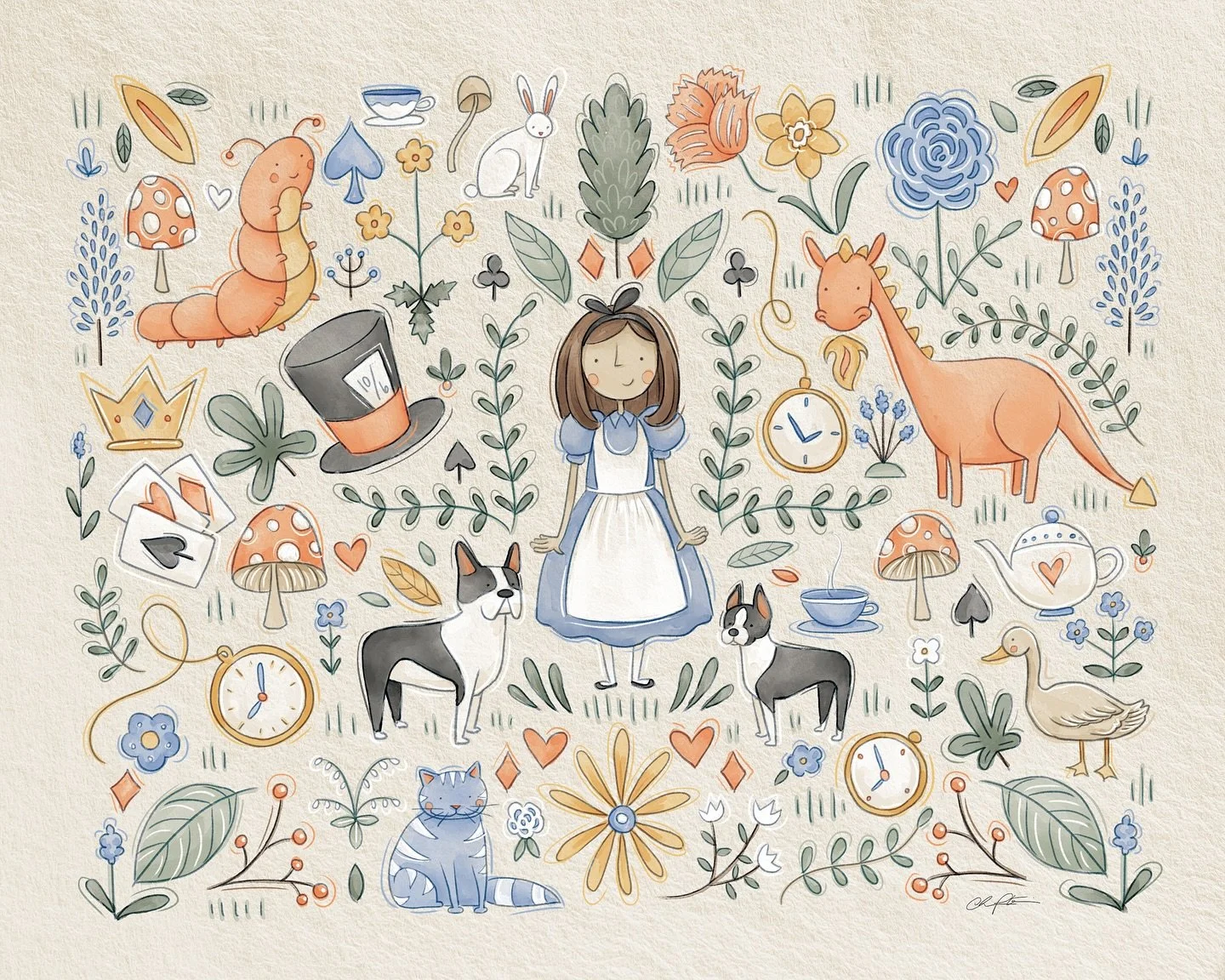 Such a fun illustration for @tetraninja! 
🐉🍄🕰️🍃🎩🐇🌸🫖&spades;️👑🐱🌱