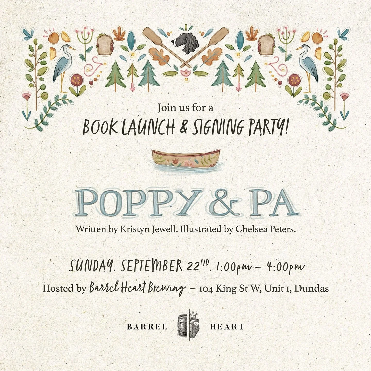 Join us for a book launch and signing party! Come meet Kristyn Jewell and Chelsea Peters and celebrate the launch of the heartwarming children&rsquo;s book, Poppy &amp; Pa!📚 

Hosted by the wonderful @barrelheartbrewing in the heart of Dundas! 🍻

?