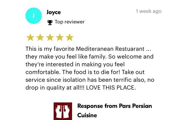 Grubhub review! 🤩 We appreciate any feedbacks and are forever grateful for all the kind words! 🙏🏼🙏🏼🙏🏼 #ThankYou for supporting a small family owned business. @parspersiancuisine #SupportSmallBusinesses #SupportLocalBusinesses
