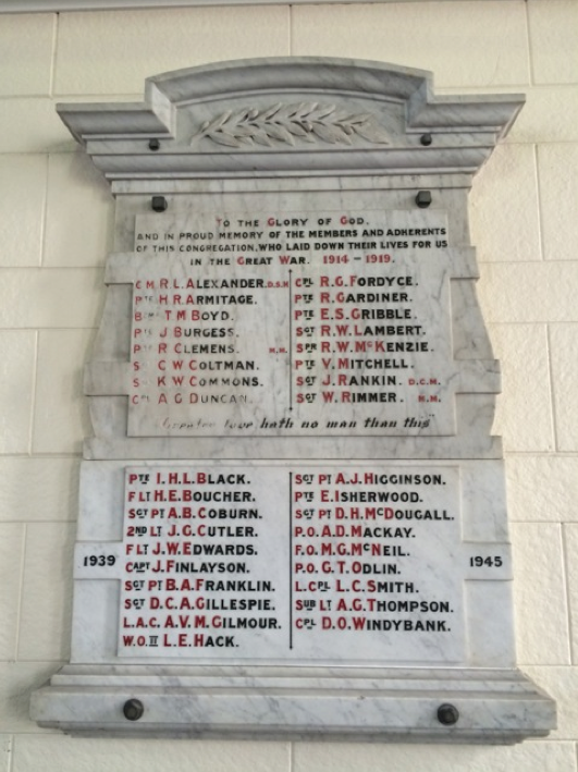 WWI and WWII memorial to members and adherents of the Congregation