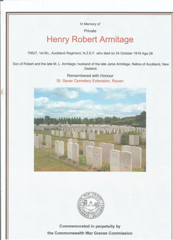 In memory of Private Henry Robert Armitage who died 24 October 1918, aged 28. One of the men in whose memory St David’s was built.