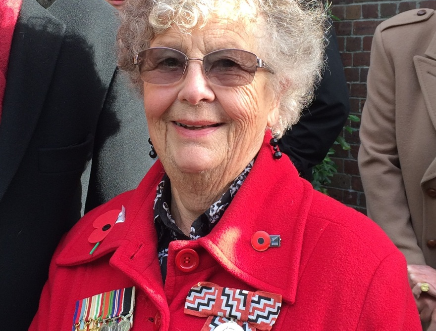Lorraine Wilson wears the medals of her father, Sapper RNZE. St David’s is home to the Sappers’ Memorial Chapel. St David’s, ANZAC Day 2016