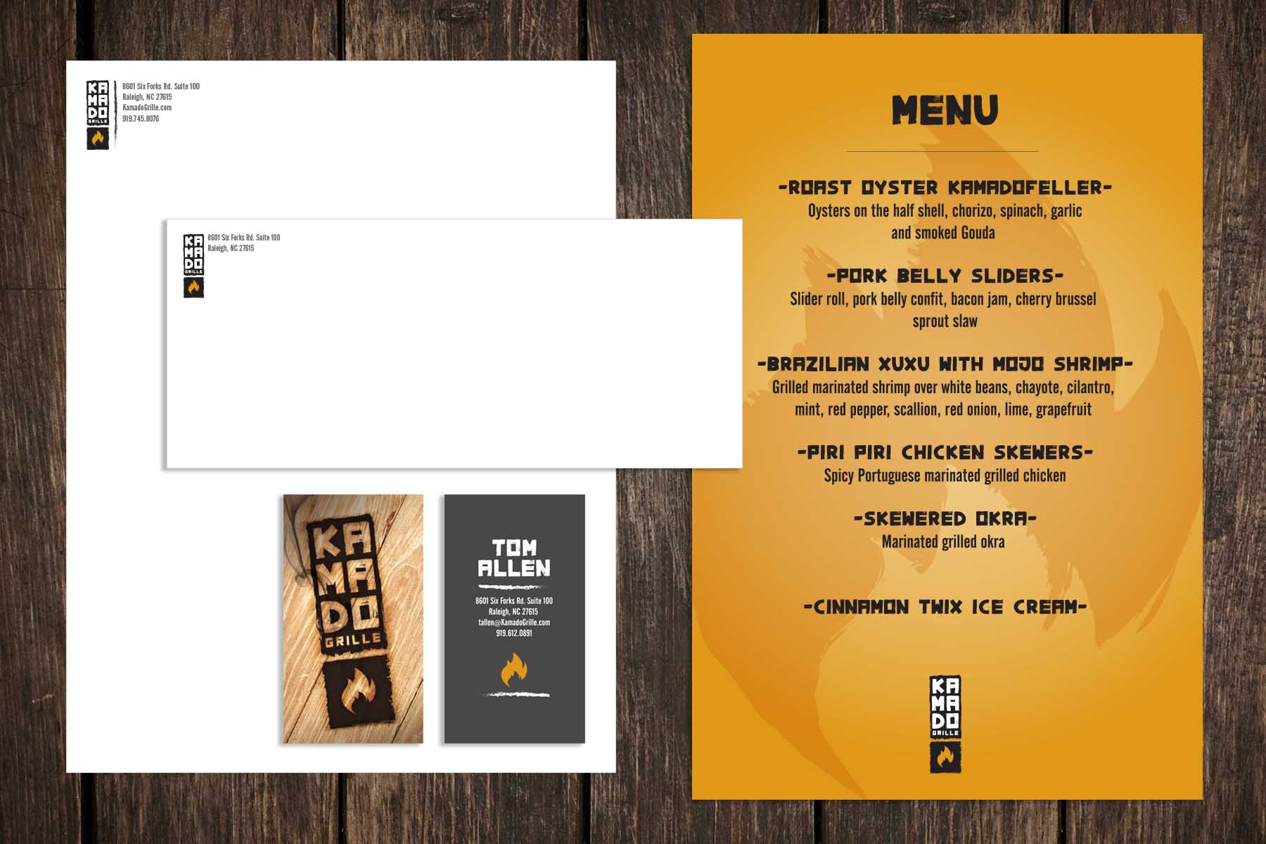 Kamado Grill - Letterhead, Business Card, Envelope and Menu