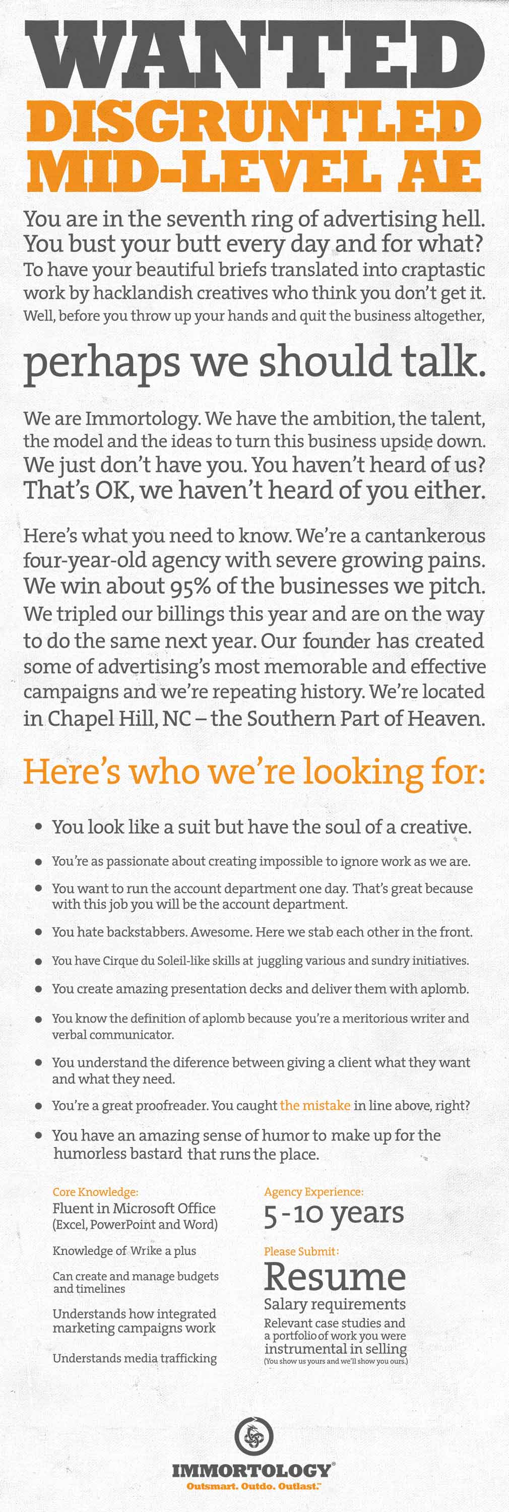 Immortology recruitment ad. Click to enlarge.