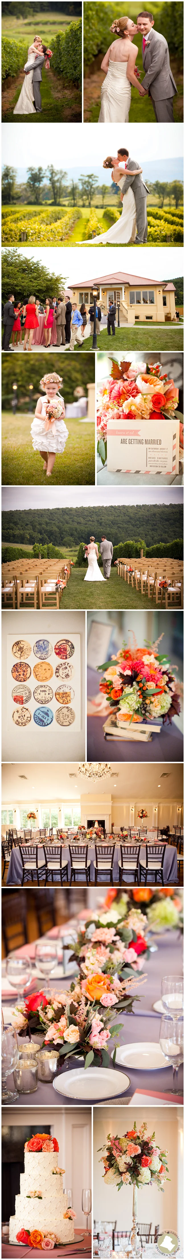 This coral, peach, pink and orange affair contrasted beautifully with the green rolling hills of Breaux Vineyards. Chic and sweet, this event boasted elevated floral arrangements, burgeoning bud vases and simple yet lovely pew markers for the ceremony. Tableware and linens were expertly chosen to tie the florals in with the tables, chairs and space itself, creating an elegant and elevated ensemble. Photos by Genevieve Leiper.