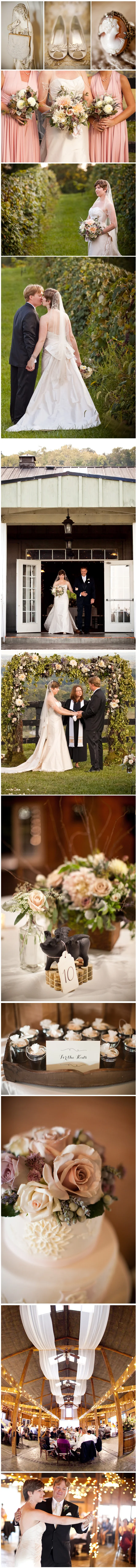 Bluemont Vineyard was the ideal backdrop for this intimate outdoor ceremony and rustic reception. A palette of pale blush, nude, cream and cafe au lait hues added to the romantic sense of nostalgia lingering in the eaves of The Stable. Guests were free to enjoy the lush landscape and take in an exquisite afternoon amidst Bluemont's verdant vines. Low lit lanterns and twinkle lights were just the details to effortlessly weave the final magical moments into the fabric of this tender affair. Images by Genevieve Leiper.