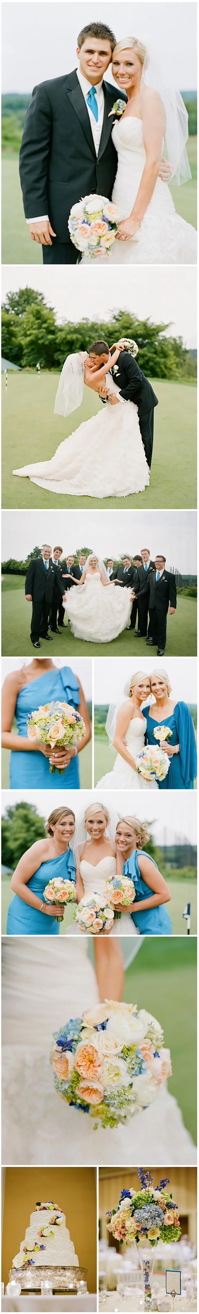 Prettily perched on Lansdowne's rolling green golf course, this simple yet stylish wedding was a mixture of blues, yellows, peaches and creams. With clean, handcut bouquets in a classic style and soft, elevated designs for the reception, florals added just the perfect pop of color to coordinate with the classic whites of the linens and chairs. Elegant details and clean lines created a seamless aesthetic for a perfect country club-style affair. Images by Kate Headley.