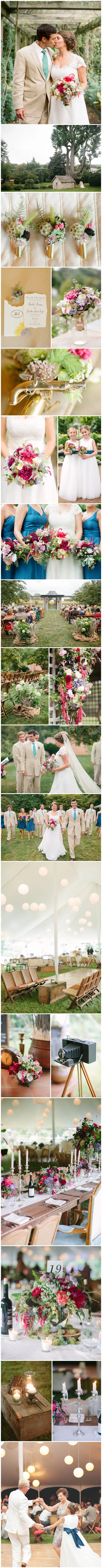 This vintage-inspired country affair was full of vivid, bright hues and thoughtful nostalgic touches. From vintage furnishings and authentic candle-lit candelabras, the mood was warm and inviting. Floral compotes perched atop woodsy cross-sections of trees with bark skirting the edges and moss artfully trailing across the surface. Wispy greens, ferns and Queen Anne's lace kept florals feeling elegant and airy. Every last detail was organically and stylishly composed to create a picture-perfect event. Images by Jodi and Kurt Miller Photography.