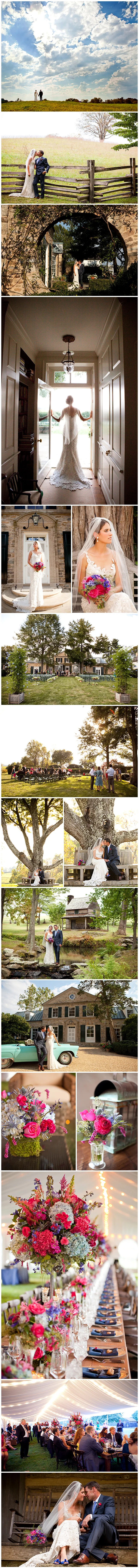 A series of magical moments brought this enchantingly-appointed wedding into focus on an exquisite private Virginian estate. Fuchsia, purple and white florals cascaded over the tablescapes along with suspended votives, twinkling entrancingly. The estate itself lent the wedding an aura of heirloom romance, with stone walls, log-hewn buildings and hidden pools in abundance. Images by Genevieve Leiper.