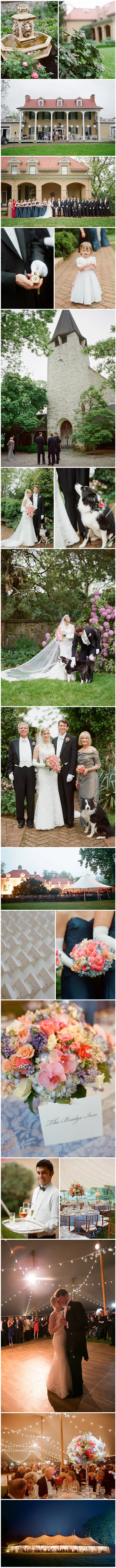 Marked by formal elegance, this beautifully bespoke wedding was the picture of perfection from long-tailed tuxes to polished, gloved attendants. Floral accents added a colorful edge to the pristine event, with corals, pinks, peaches, creams and blues gracing the tabletops and adding opulent detailing to the ladies' gowns. Even the couple's pup wore a splash of pink florals on her collar. As the enchanted afternoon faded into evening, the exquisitely tented lawn made for a sumptuous scene with guests dancing far into the night. Images by Kate Headley.