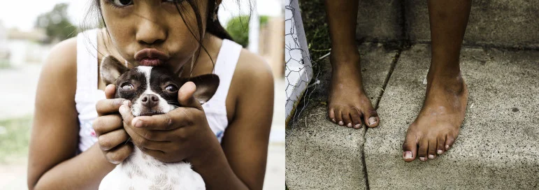 A young girl, Artesia Pillar neighborhood. She sits on her porch, barefoot and happy. She's only allowed on the front steps of her home while her grandfather watches from afar. She takes her dog everywhere she goes.