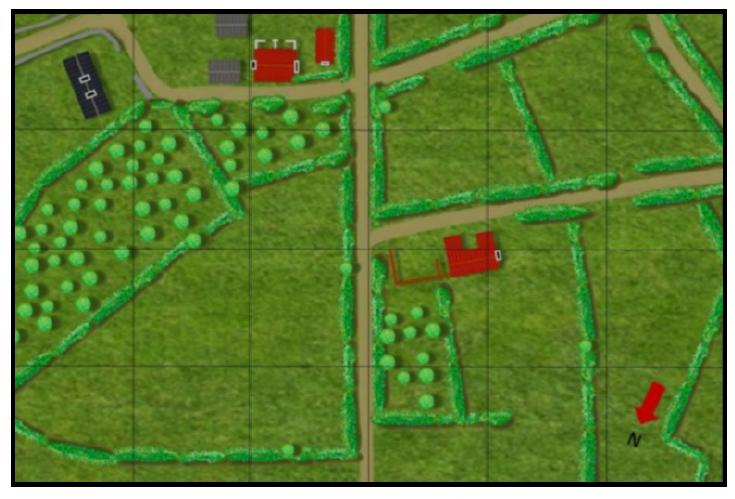 Map of the battlefield, Germans enter on the road from the north (bottom)